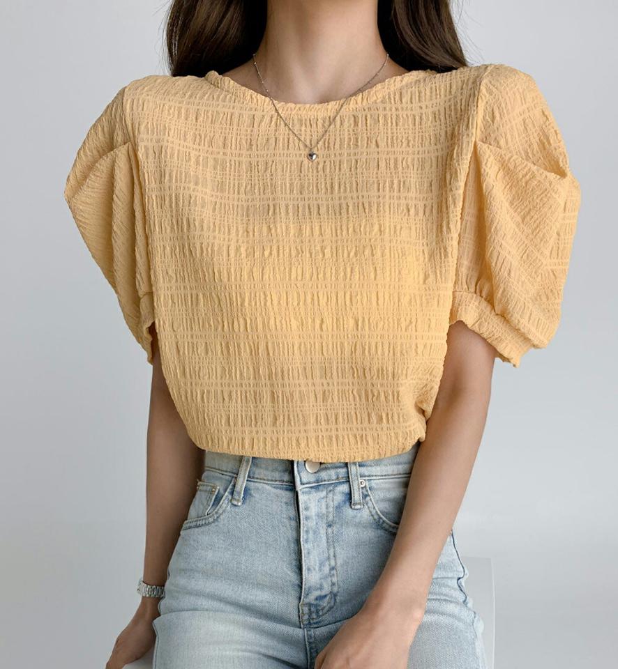パフリンクルブラウス・t02961 レディース 【bl】トップス ブラウス 半袖 パフスリーブ リンクル 単色 シンプル カジュアル 二の腕カバー かわいい 大人 ラウンドネック パフスリーブ クロップド丈 夏 韓国ファッション