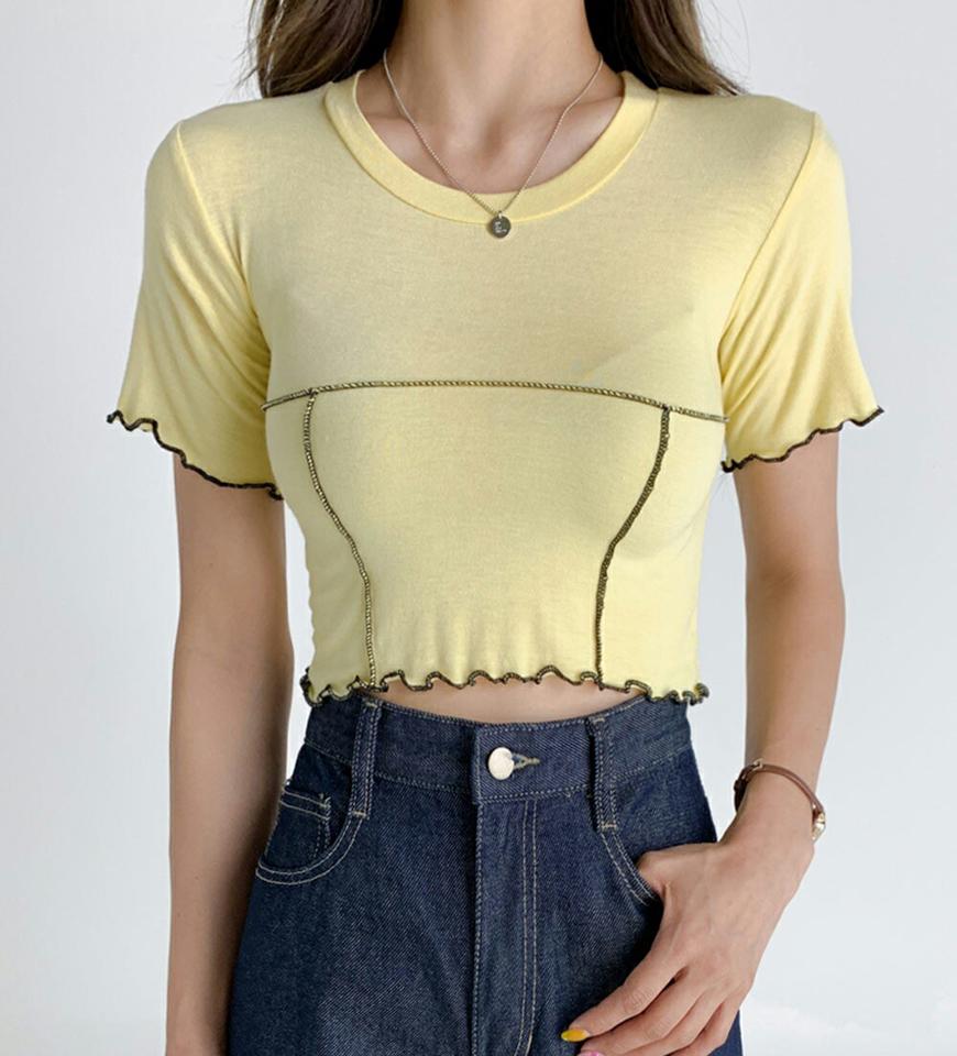【10%OFF】メロウ配色半袖Tシャツ・t02951 レディース 【tops】トップス Tシャツ 半袖 メロウ 配色 カジュアル 韓スト ストリート ピチT ラウンドネック ステッチ クロップド丈 夏 韓国ファッション セール SALE
