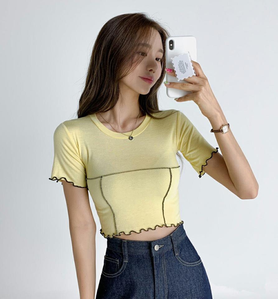 【10%OFF】メロウ配色半袖Tシャツ・t02951 レディース 【tops】トップス Tシャツ 半袖 メロウ 配色 カジュアル 韓スト ストリート ピチT ラウンドネック ステッチ クロップド丈 夏 韓国ファッション セール SALE