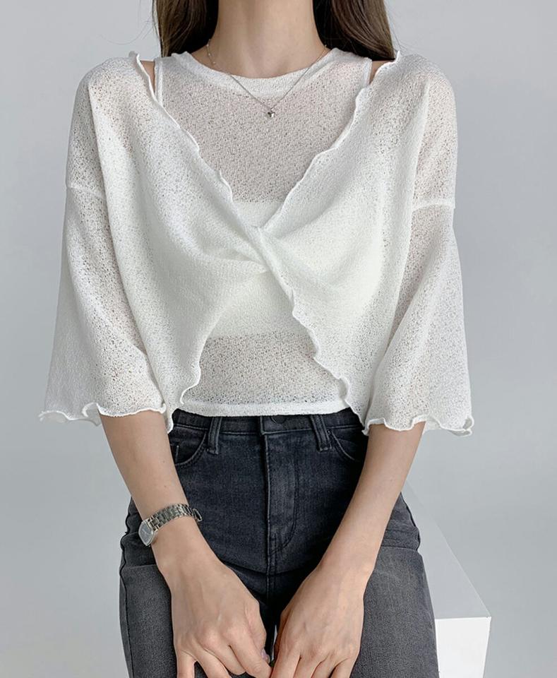 【10%OFF】ブークレノースリ&TシャツSET・t02983 レディース 【tops】セット アンサンブル トップス スリーブレス ノースリーブ タンクトップ Tシャツ アメリカンスリーブ 単色 無地 メロウ 半袖 透け感 涼しげ ユニーク 夏 韓国ファッション セール SALE