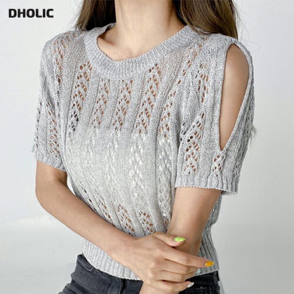 パンチングスリットニット・t02974 レディース 【tops】トップス ニット 半袖 肩出し パンチング スリット 透け感 シースルー シアー 大人 レイヤード カジュアル ラウンドネック 夏 サマーニット 韓国ファッション