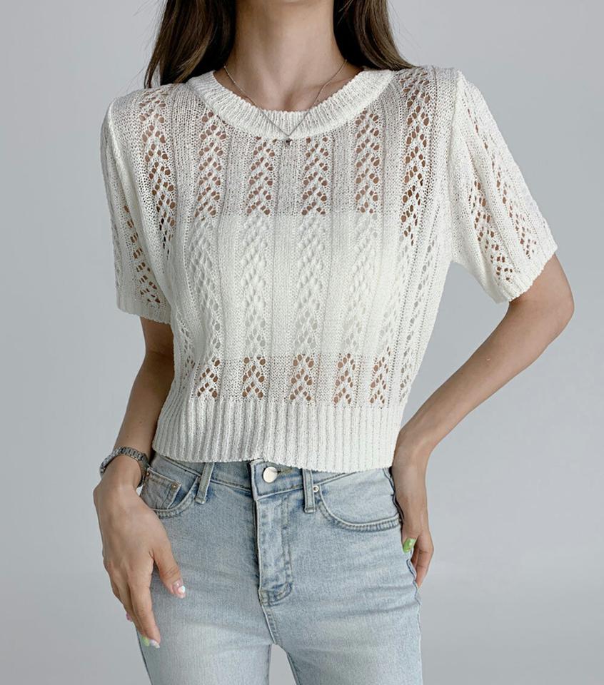 パンチングスリットニット・t02974 レディース 【tops】トップス ニット 半袖 肩出し パンチング スリット 透け感 シースルー シアー 大人 レイヤード カジュアル ラウンドネック 夏 サマーニット 韓国ファッション