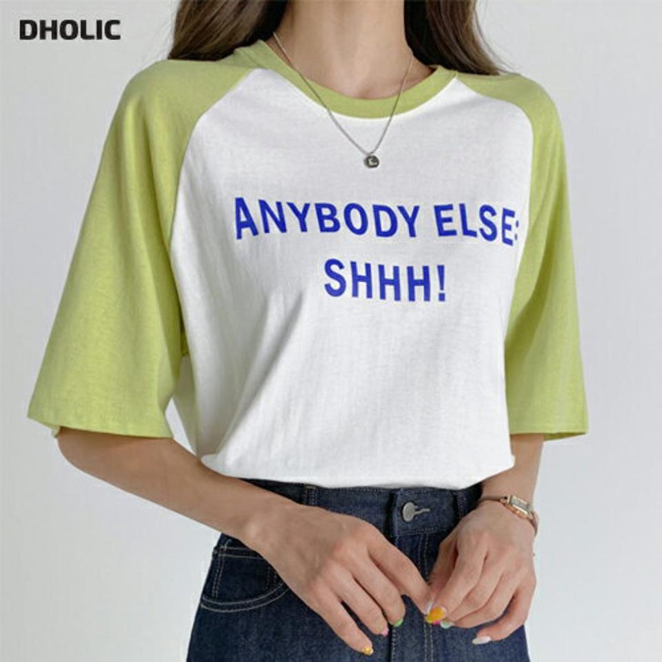 【10%OFF】配色ラグランレタリングTシャツ・t02957 レディース 【tops】トップス Tシャツ 半袖 ハーフスリーブ ロゴ レタリング 配色 ラグランスリーブ ラフ カジュアル 黄緑 ロゴT ラウンドネック 春 夏 韓国ファッション セール SALE
