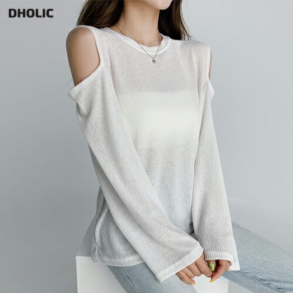 ショルダースリットリブTシャツ・t02987 レディース 【tops】トップス Tシャツ 長袖 肩出し オープンショルダー スリット リブ 単色 無地 シンプル カジュアル ラウンドネック 春 秋 韓国ファッション