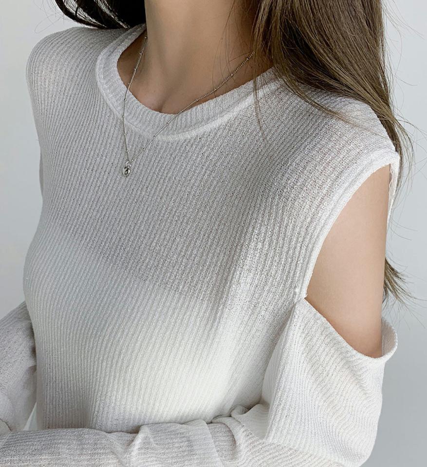 ショルダースリットリブTシャツ・t02987 レディース 【tops】トップス Tシャツ 長袖 肩出し オープンショルダー スリット リブ 単色 無地 シンプル カジュアル ラウンドネック 春 秋 韓国ファッション