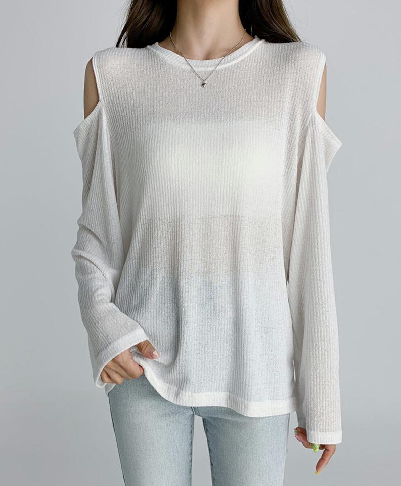 ショルダースリットリブTシャツ・t02987 レディース 【tops】トップス Tシャツ 長袖 肩出し オープンショルダー スリット リブ 単色 無地 シンプル カジュアル ラウンドネック 春 秋 韓国ファッション