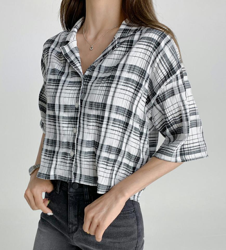 【10%OFF】マドラスチェック開襟シャツ・t02986 レディース 【bl】トップス シャツ 半袖 ハーフスリーブ チェック柄 マドラスチェック 大人 カジュアル スキッパー 開襟 チェックシャツ ラフ 夏 韓国ファッション セール SALE