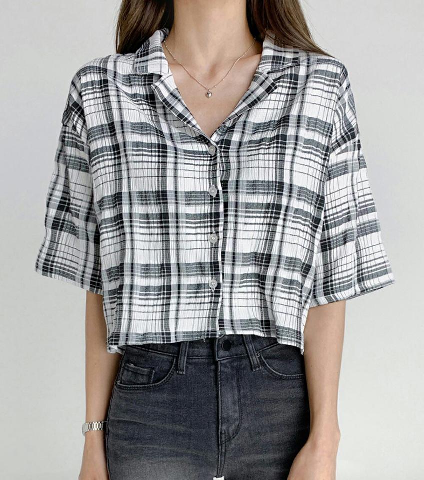 【10%OFF】マドラスチェック開襟シャツ・t02986 レディース 【bl】トップス シャツ 半袖 ハーフスリーブ チェック柄 マドラスチェック 大人 カジュアル スキッパー 開襟 チェックシャツ ラフ 夏 韓国ファッション セール SALE