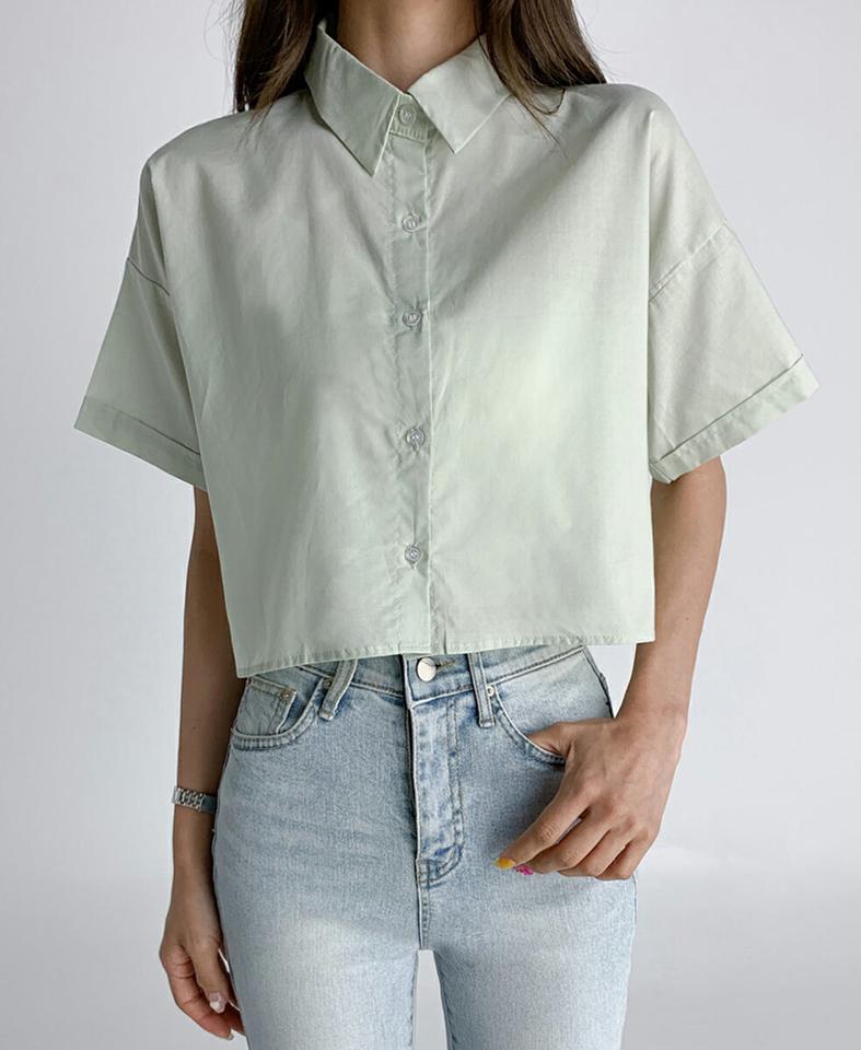 【10%OFF】ロールアップ半袖シャツ・t02969 レディース 【tops】トップス Tシャツ 半袖 ロールアップ 襟 パステル ピンク 黄色 水色 黄緑 単色 無地 シンプル ベーシック 大人 きれいめ カジュアル クロップド丈 短丈 夏 韓国ファッション セール SALE