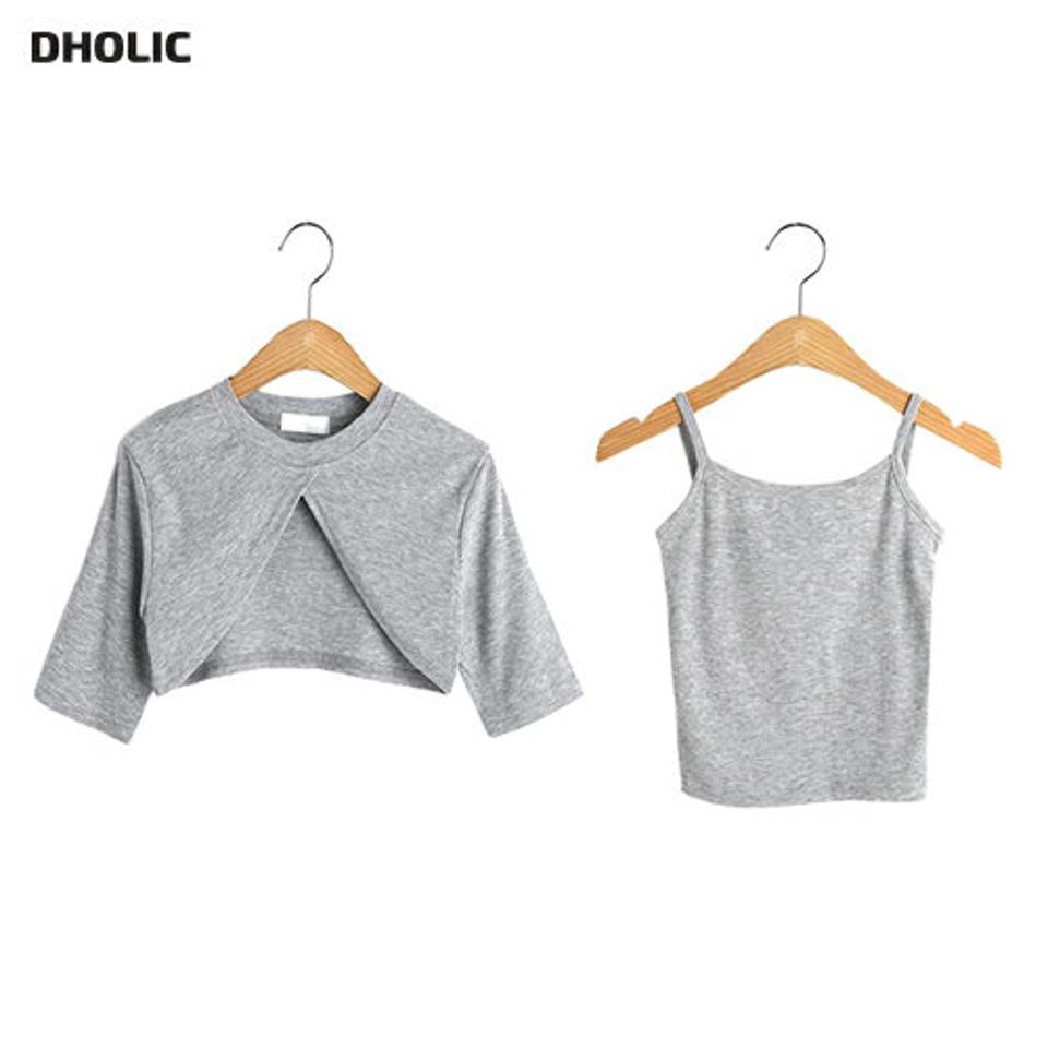 リブキャミ&ボレロ風TシャツSET・t02965 レディース 【tops】アンサンブル セット トップス キャミソール スリーブレス ノースリーブ Tシャツ 半袖 リブ 単色 無地 レイヤード ユニーク セクシー 夏 韓国ファッション